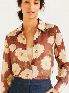 New Bailey 44 Sheer Brown Floral Button Down Shirt Large